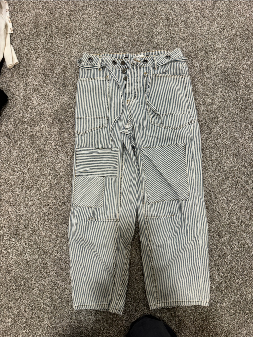 easel Relaxed Striped Carpenter Jeans in Light Blue & White